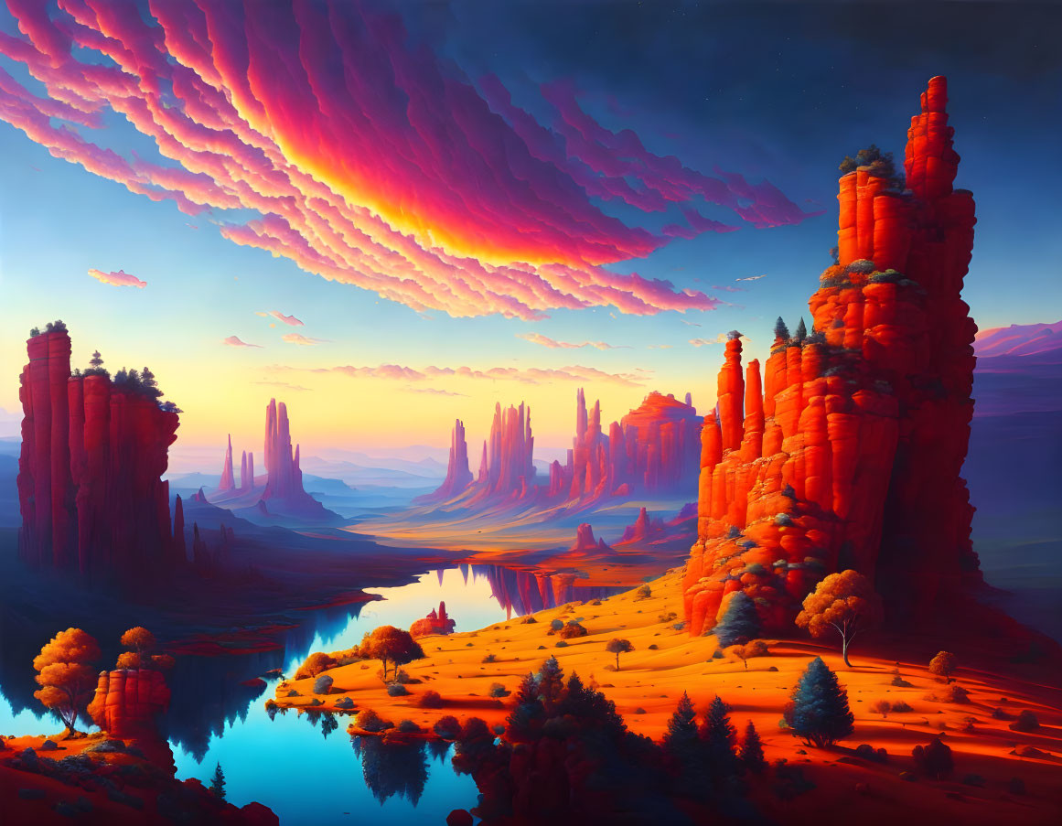 Vibrant landscape with red rock formations, river, autumnal trees, dramatic sunset sky