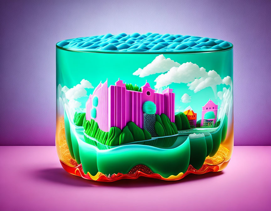 Colorful miniature cityscape in brain-shaped container on purple background