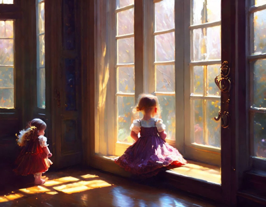 Two young girls in dresses by a sunlit window, one standing by the opened door.