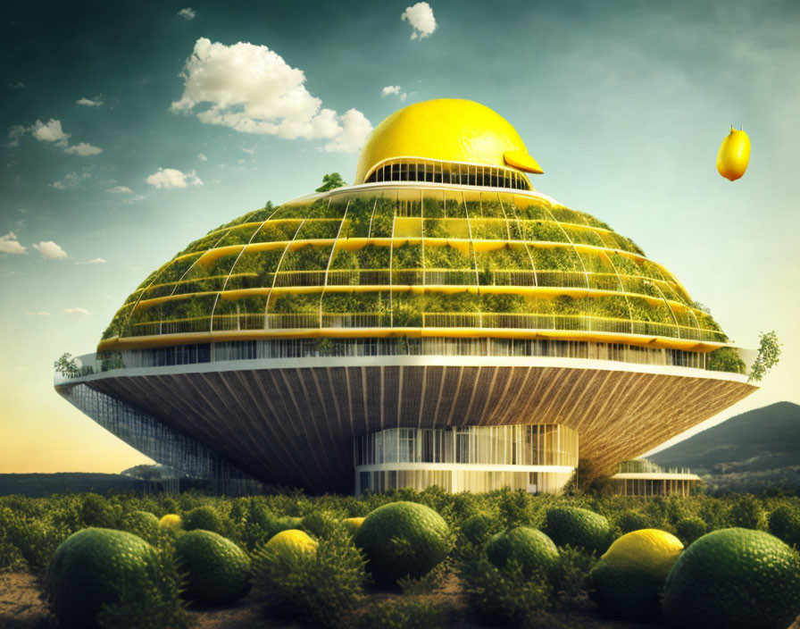 Futuristic lemon-shaped building with terraced greenery and scattered oranges under descending orange sky