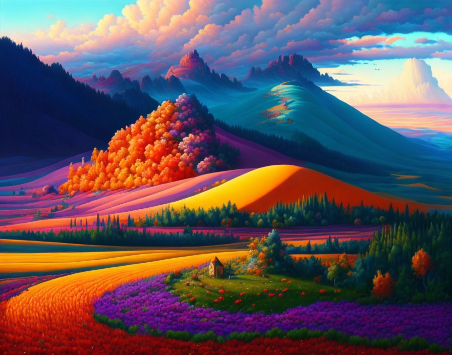 Multicolored hills, small house, mountains in surreal landscape