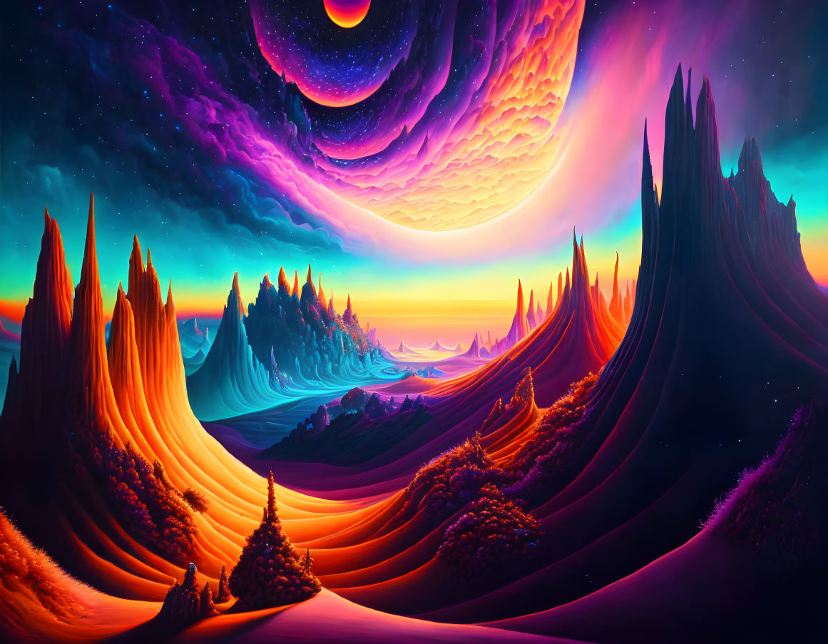 Colorful surreal landscape with rock formations and celestial sky.