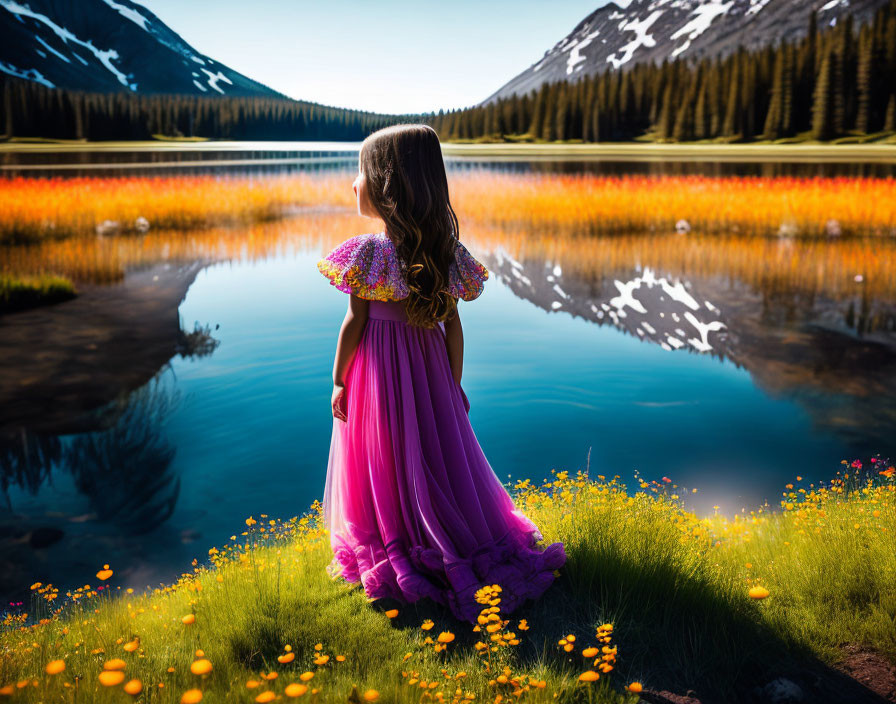 Young girl in pink dress by serene lake with wildflowers and mountain reflection