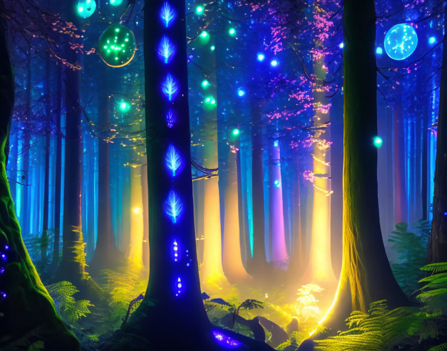 Glowing lights illuminate enchanted forest at twilight