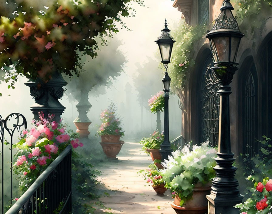 Ornate lampposts and flowerpots line serene pathway to misty tree-lined avenue