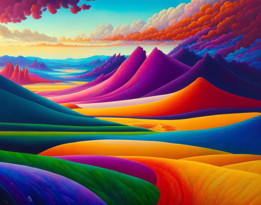 Colorful surreal landscape with rolling hills, vibrant sky, and winding river