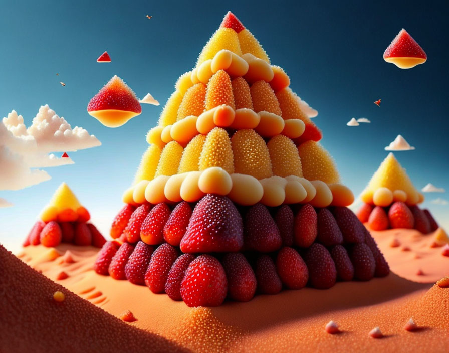 Colorful Fruit Pyramid Landscape with Floating Pieces and Clouds