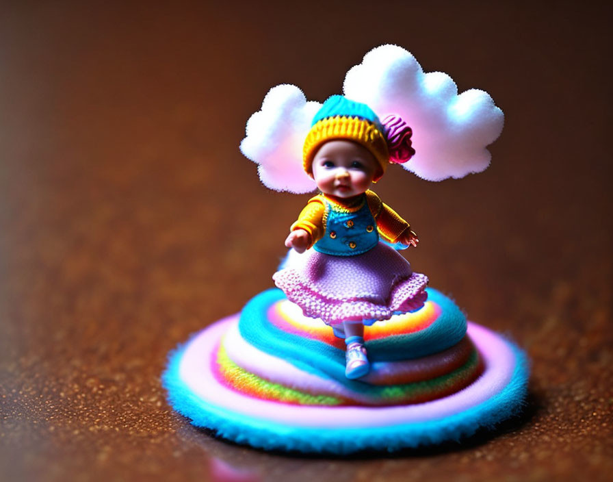 Colorful Miniature Doll in Blue Outfit on Rainbow Swirl