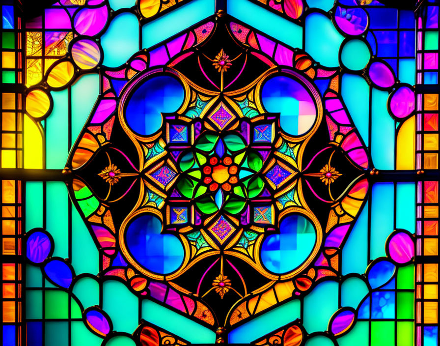 Colorful Stained Glass Window with Geometric Star Design