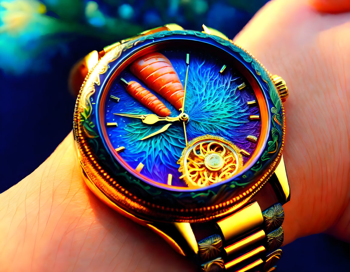 Luxurious gold watch with bird motif and intricate blue and orange dial