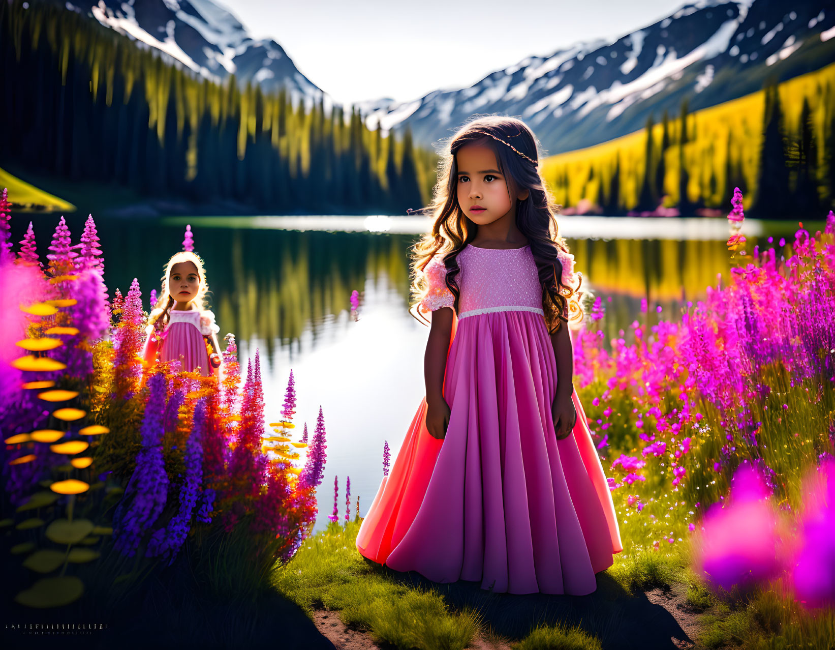 Young girl in pink dress surrounded by purple flowers near serene lake and mountains.