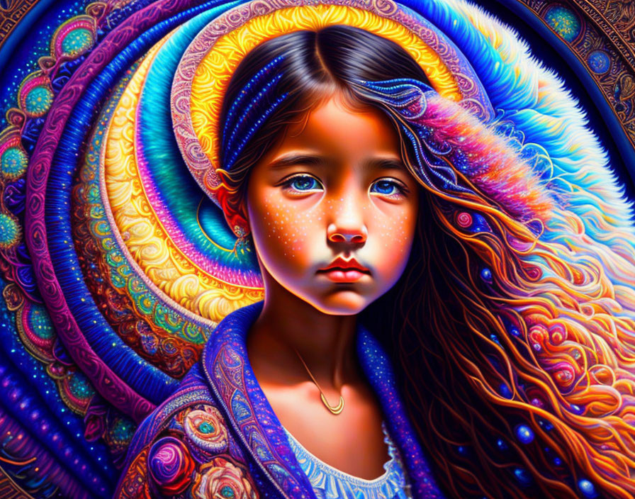 Colorful digital artwork of young girl with intricate patterns and textures in blues, oranges, and purp