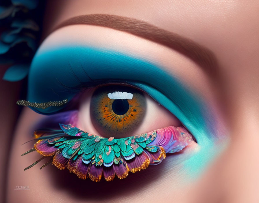 Close-up of vibrant blue and pink eye makeup with feather-like eyelash design