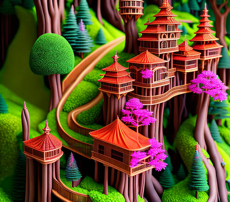 Fantastical Asian-style pagodas in vibrant landscape