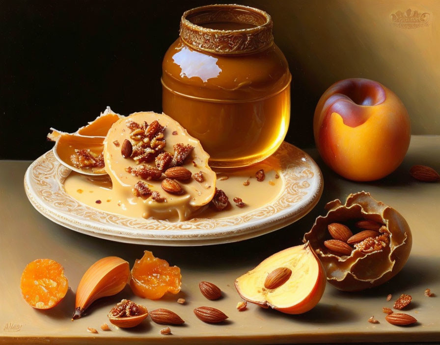 Traditional Still Life with Honey, Almonds, Cheese, Figs, Peach, and Apricot