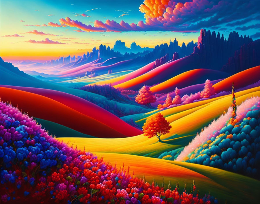 Colorful rolling hills, lush trees, vivid sunset sky in surreal landscape