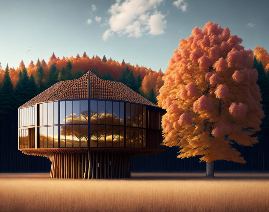 Hexagonal Modern Treehouse Surrounded by Autumn Trees