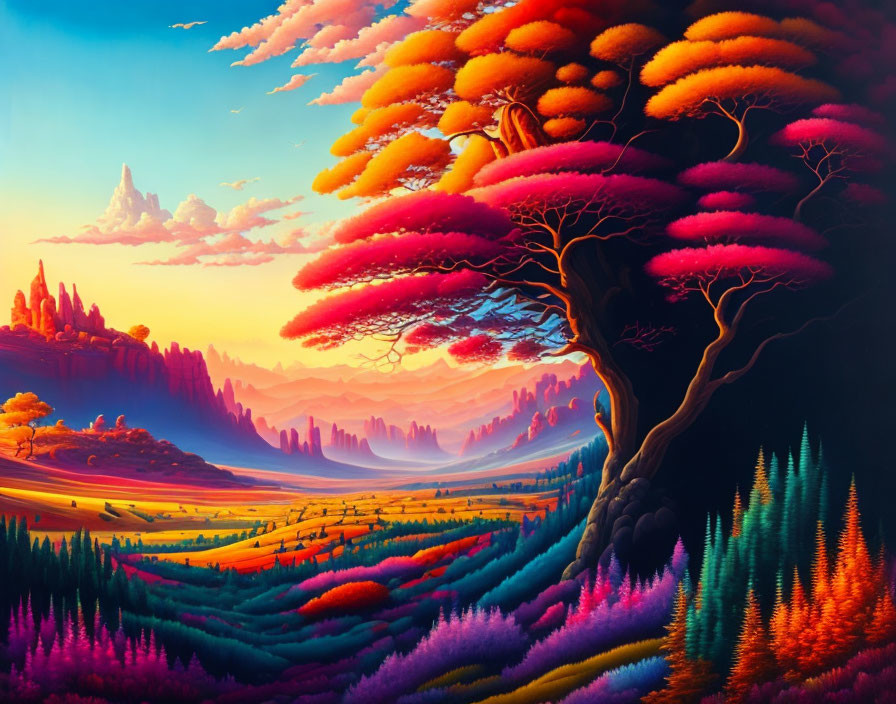 Surreal landscape with vibrant tree and colorful hills