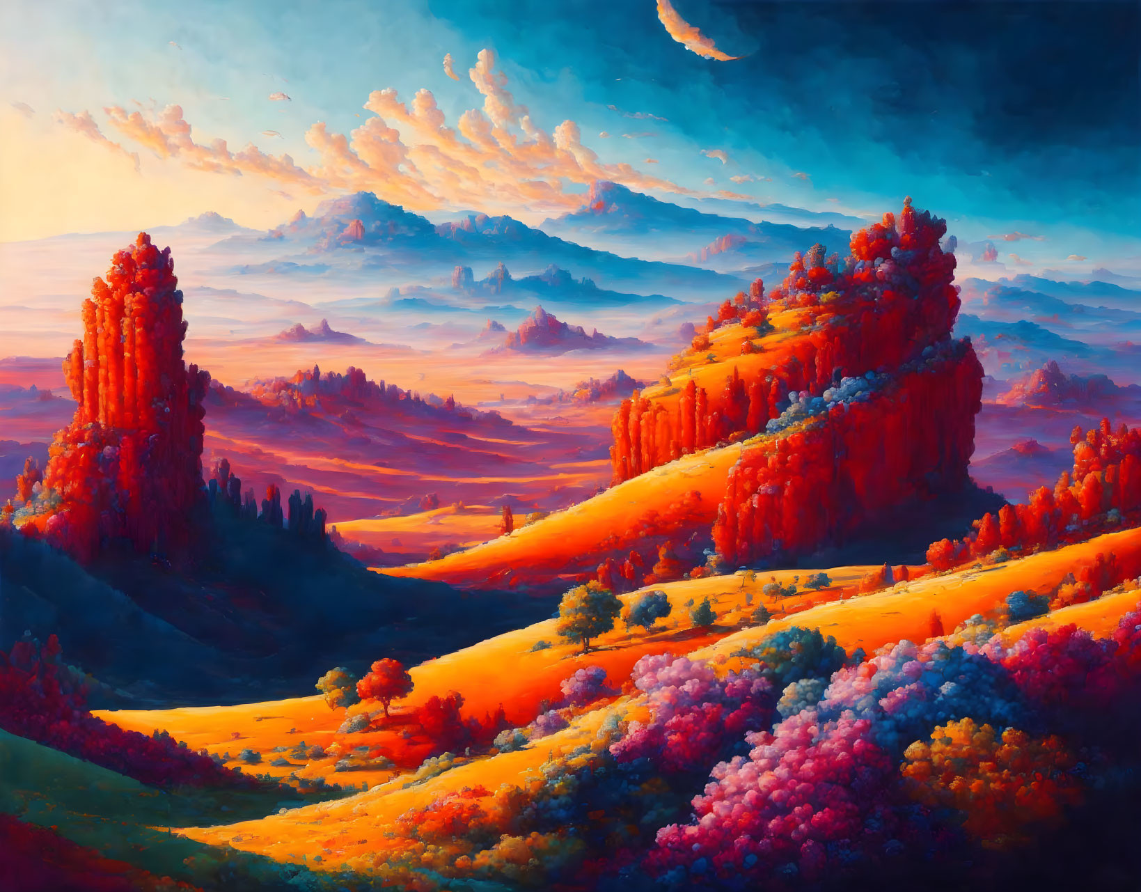 Colorful sunset landscape painting with rolling hills and dramatic sky