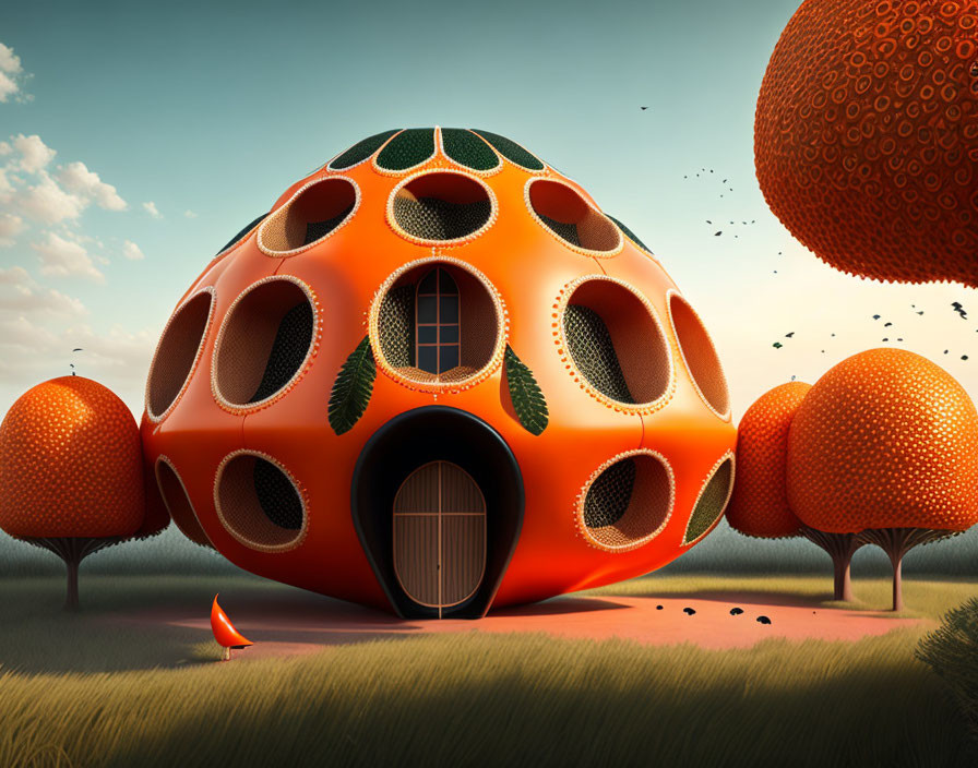 Whimsical orange dome-shaped house surrounded by orange trees