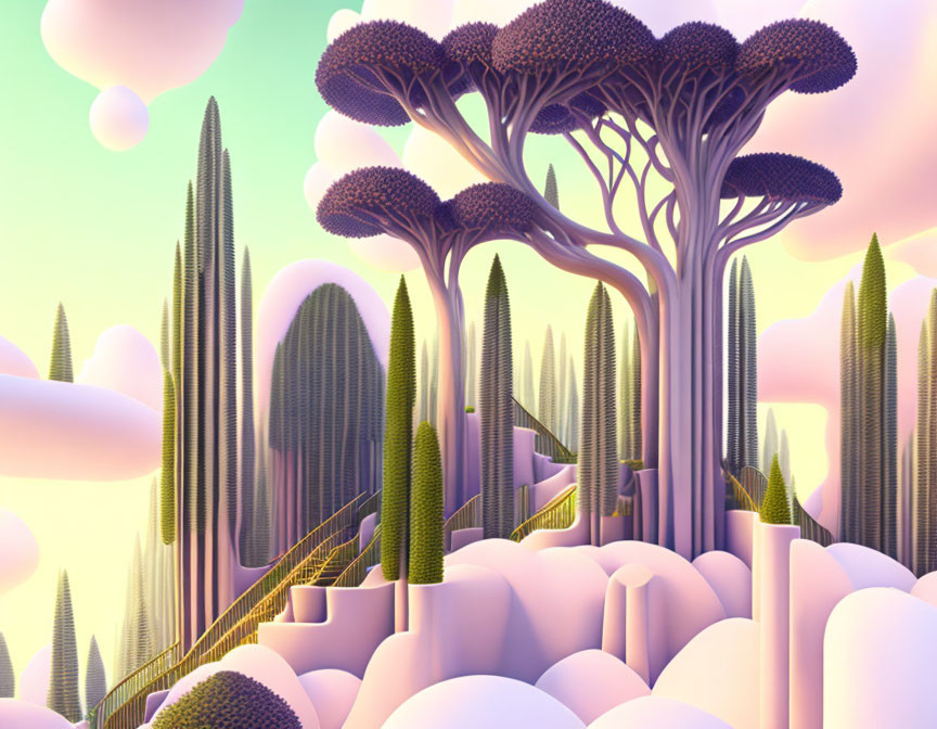 Fantastical surreal landscape with pastel sky and whimsical cloud-like formations