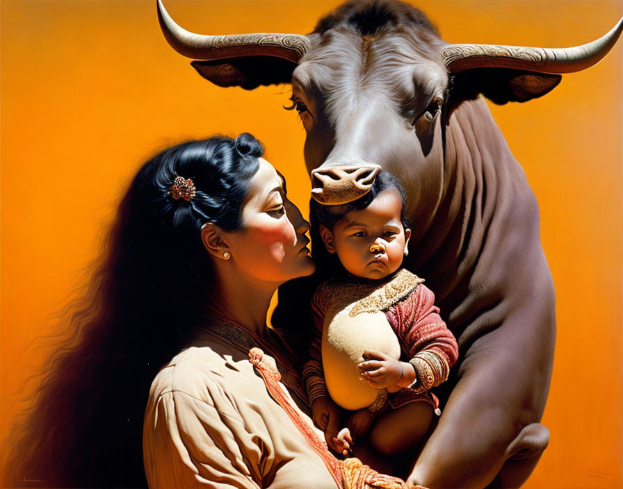 Mother holding baby with protective ox on orange background