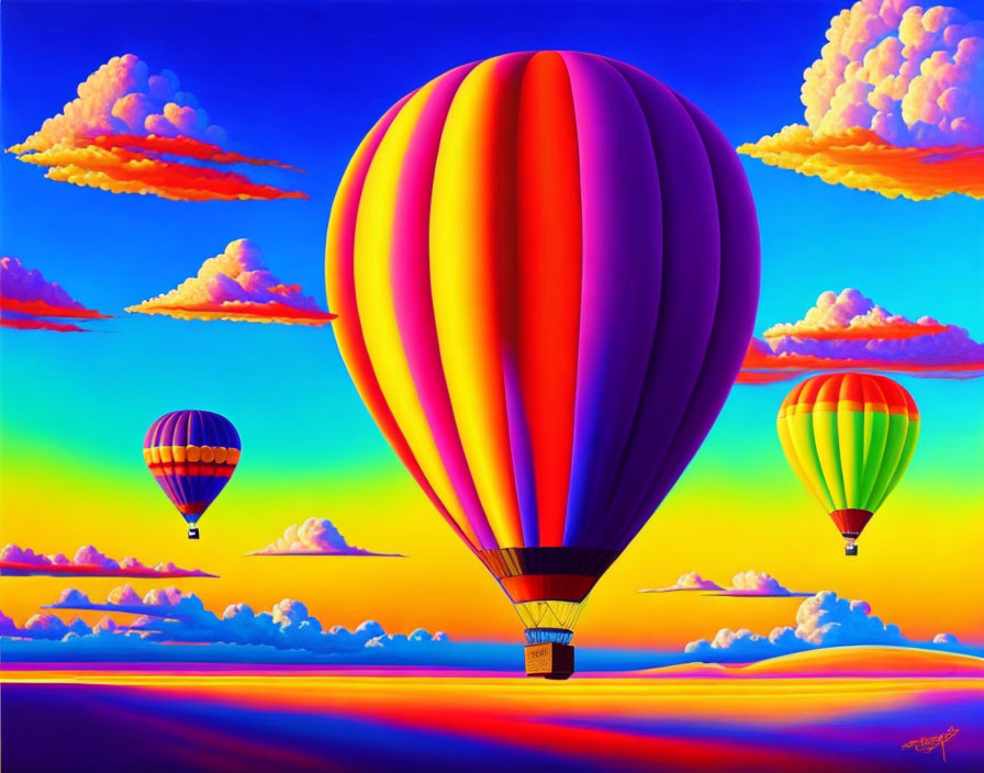 Colorful hot air balloons in vibrant sky with fluffy clouds & golden horizon