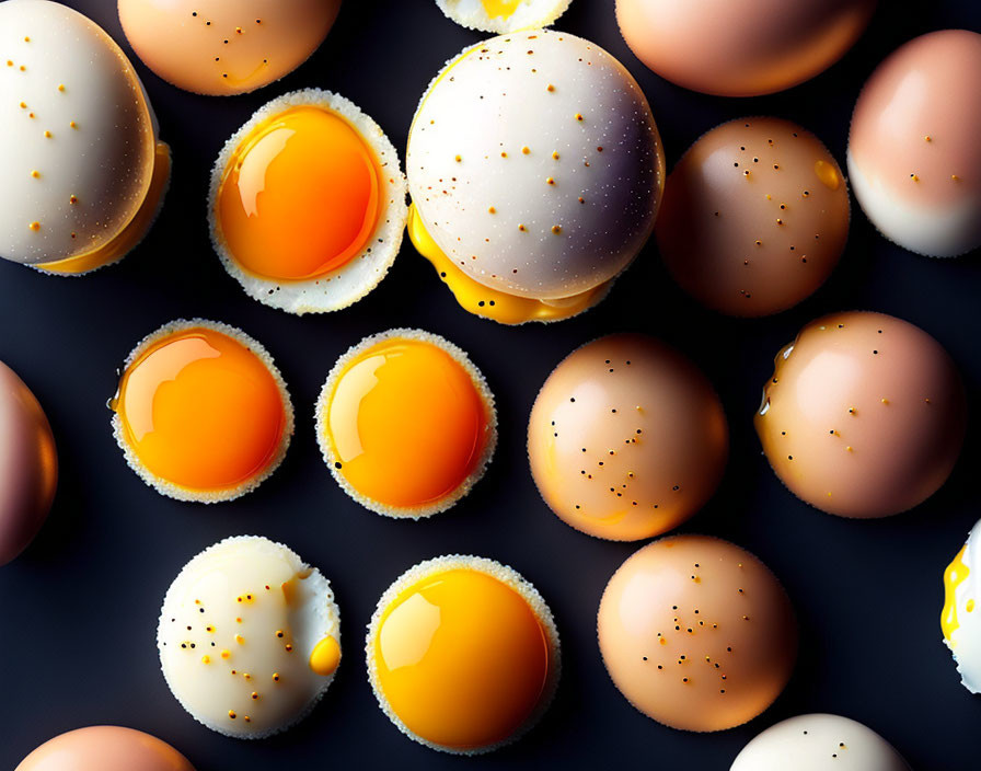 Assorted raw eggs with visible yolks on dark surface