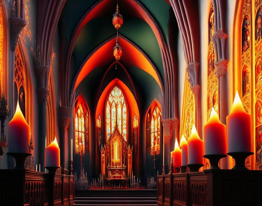 Vibrant red and green Gothic church interior with glowing candles