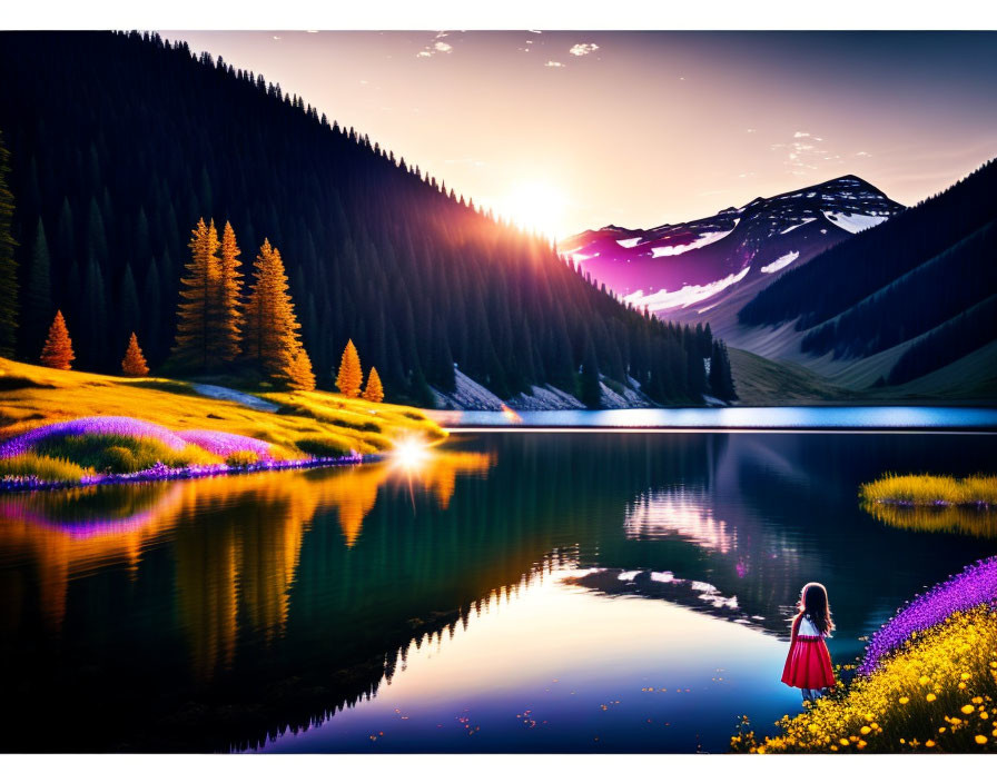 Person by Alpine Lake at Sunrise with Wildflowers, Reflected Mountains