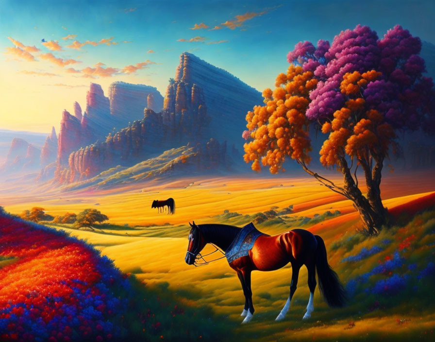 Colorful painting of horse in vibrant field with blooming flowers and majestic cliffs under sunset sky