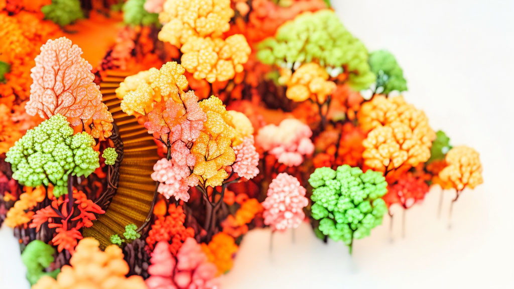 Colorful fractal cauliflower in orange, green, yellow, and red creating lush landscape