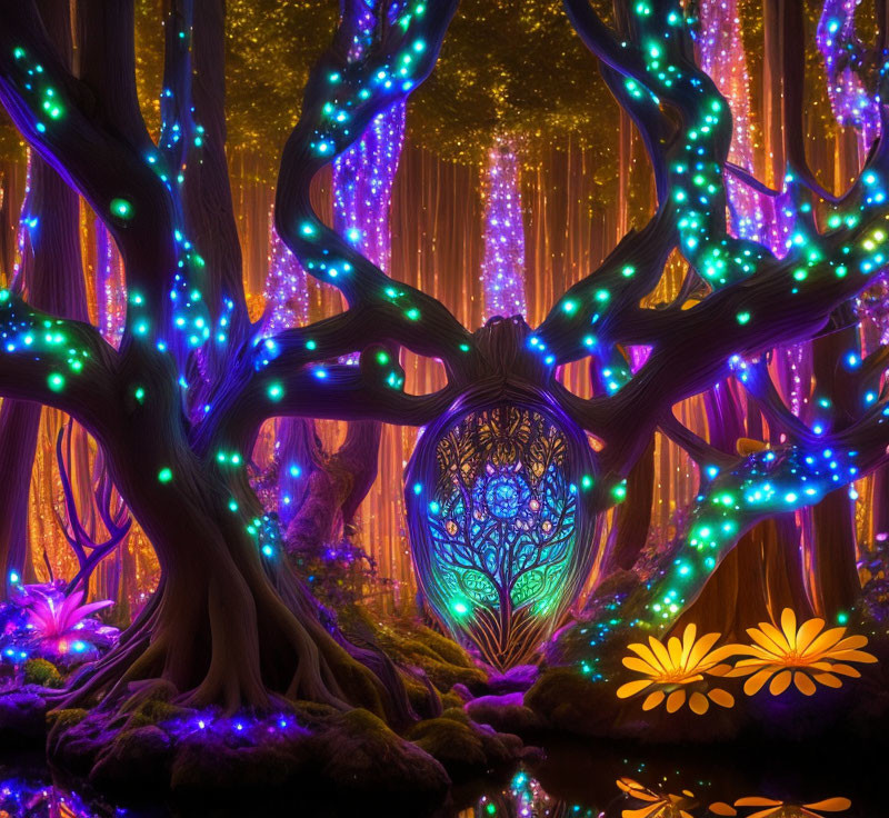 Nighttime Enchanted Forest with Neon Lights, Magical Gate, Waterfall, and Yellow Flowers