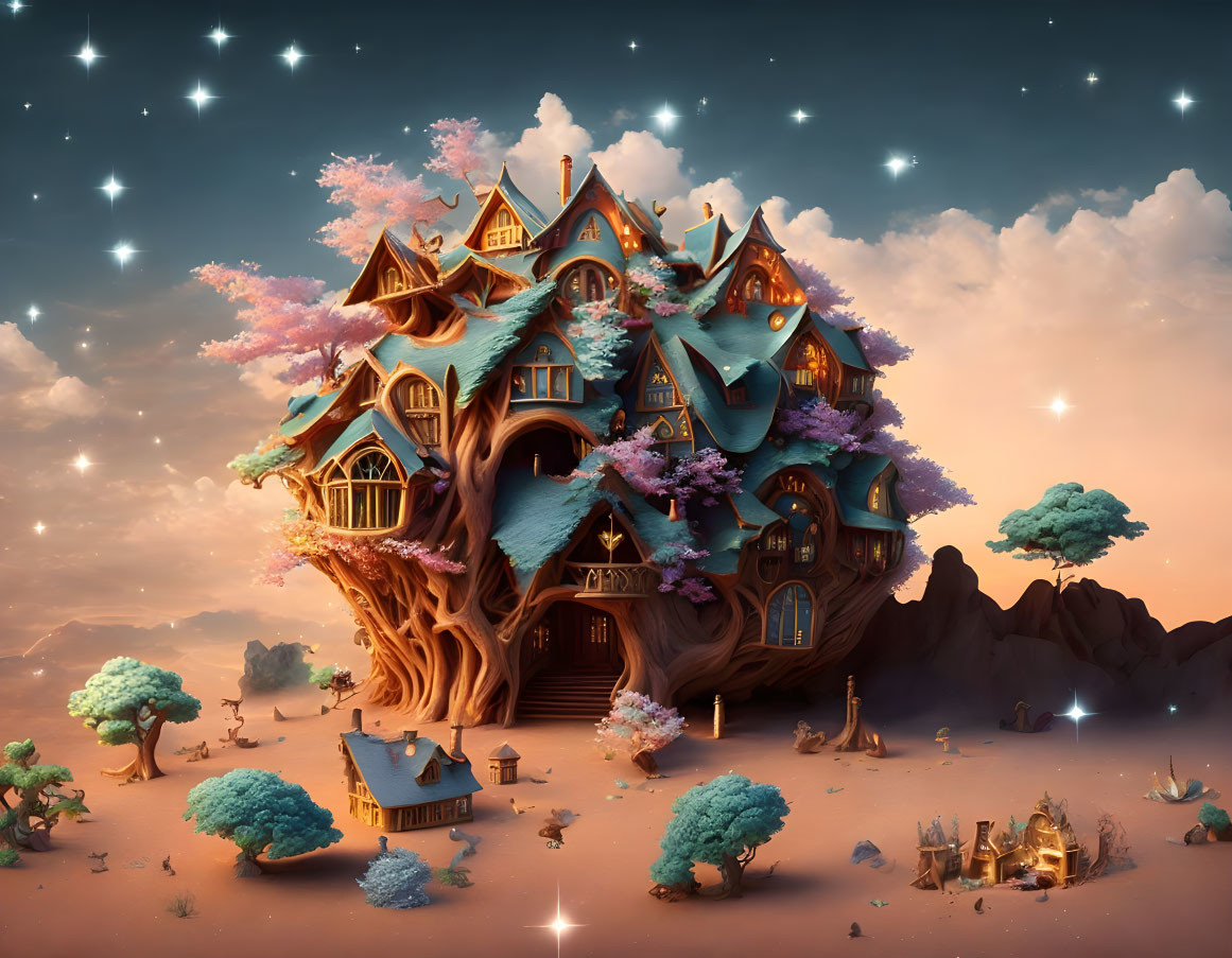 Large whimsical treehouse in twilight landscape with blue roofs and flowering trees.