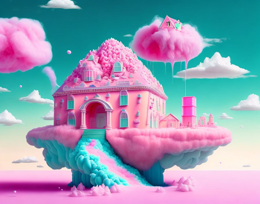 Fantasy floating island with pink mansion in pastel clouds