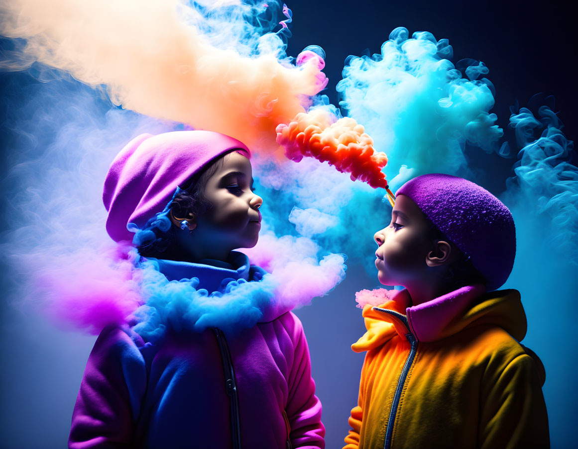 Children blowing colorful smoke in vibrant lighting