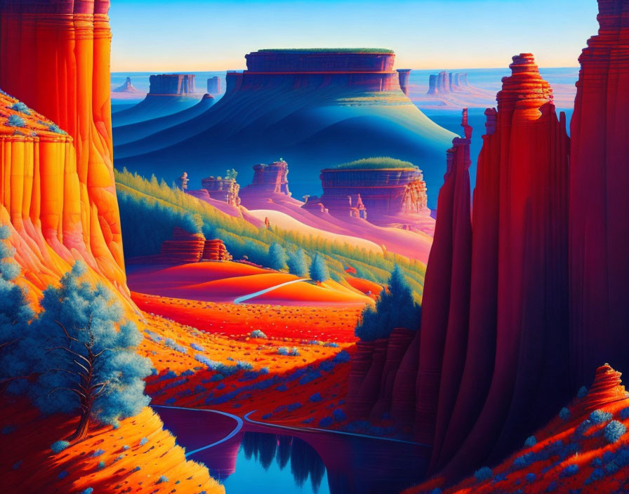 Colorful Desert Mesa Landscape Painting with River and Blue Sky