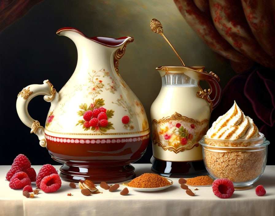 Ornate jug, whipped cream bowl, raspberries, nuts, and spices on reflective surface