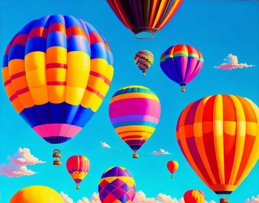 Vibrant hot air balloons in blue sky with clouds