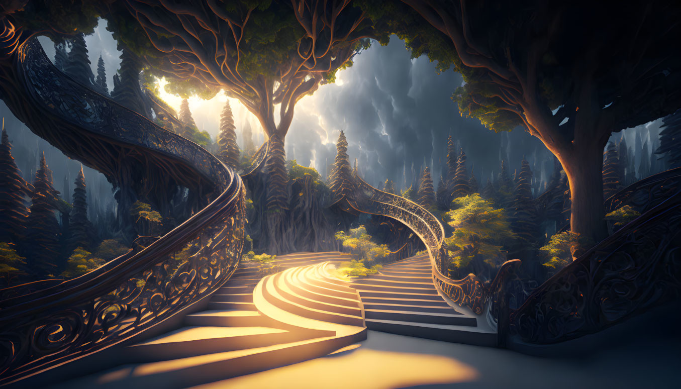 Enchanted forest with swirling staircases and golden light