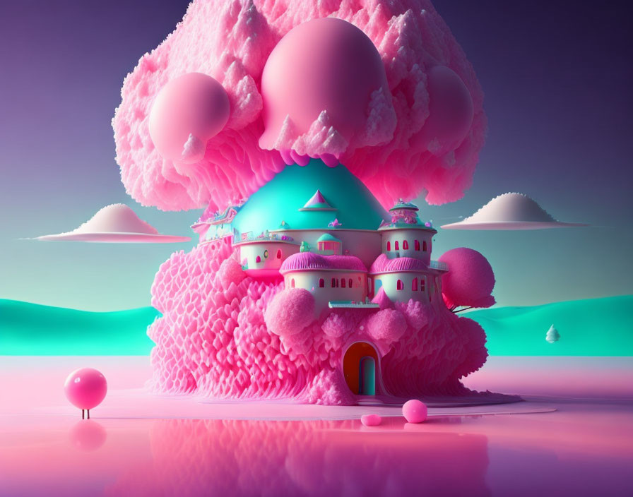 Pink-toned whimsical landscape with fantastical castle on fluffy clouds under surreal sky