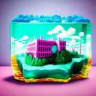 Colorful miniature cityscape in brain-shaped container on purple background