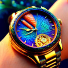 Luxurious gold watch with bird motif and intricate blue and orange dial