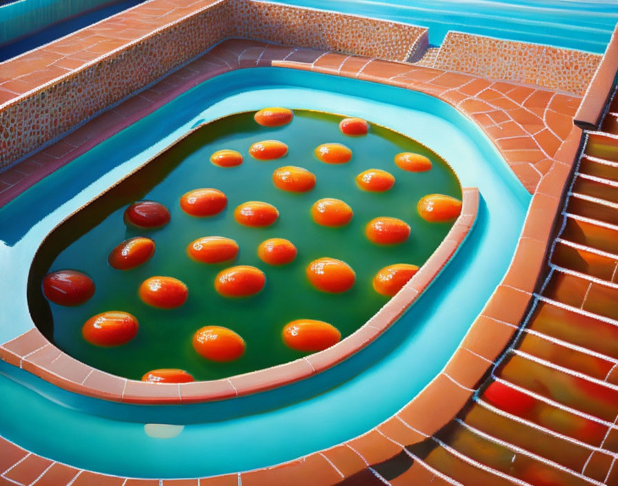 Surreal painting: kidney-shaped pool with blue water, red balls, orange and teal tiles