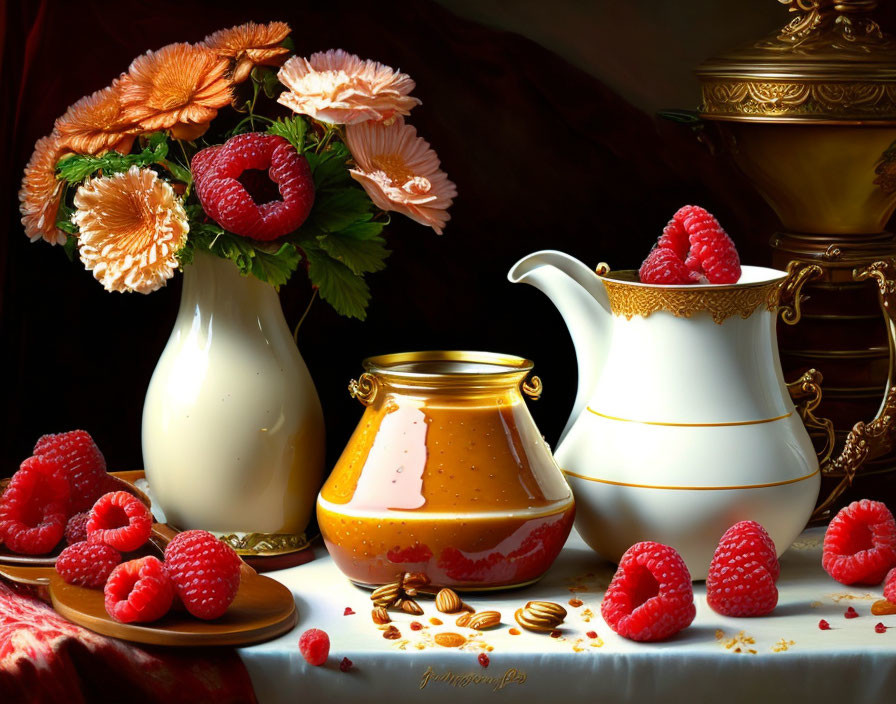 White and Gold Teapot Still Life with Fresh Raspberries and Peach-Colored Flowers