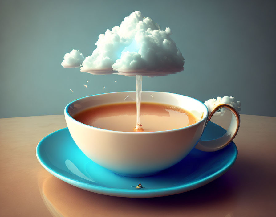 Surreal image: Tea cup with rain and lightning creating ripples