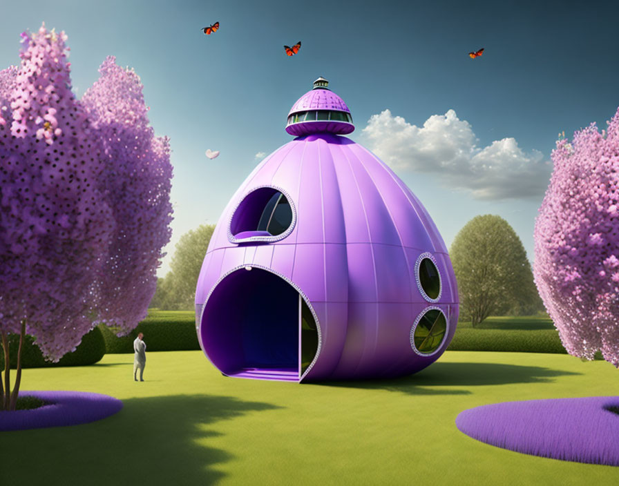 Futuristic purple dome and violet trees with butterflies