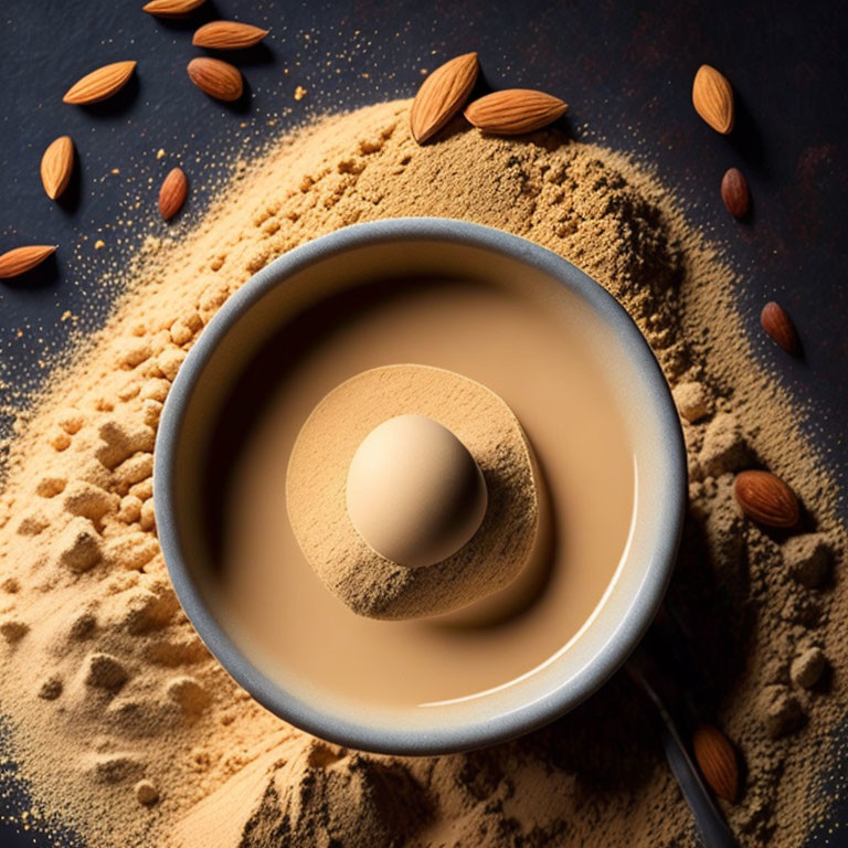 Almond Milk Bowl with Nuts, Flour, and Drop on Dark Surface