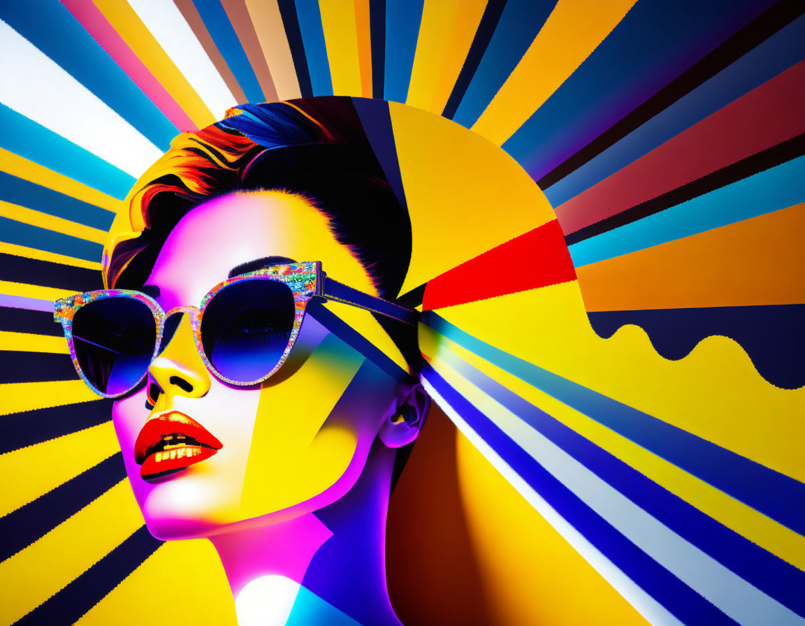 Vibrant portrait of woman in sunglasses with colorful background