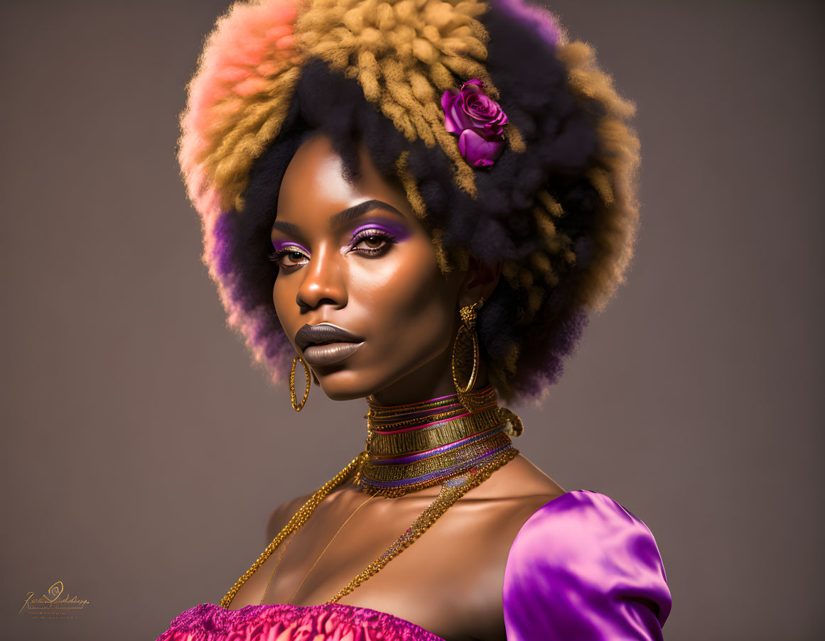 Colorful Afro Woman Portrait with Striking Makeup and Purple Rose Accessory